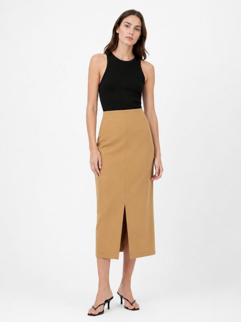 MESHKI CAMEL HIGH RISE FRONT SLIT MIDI PENCIL SKIRT - 10